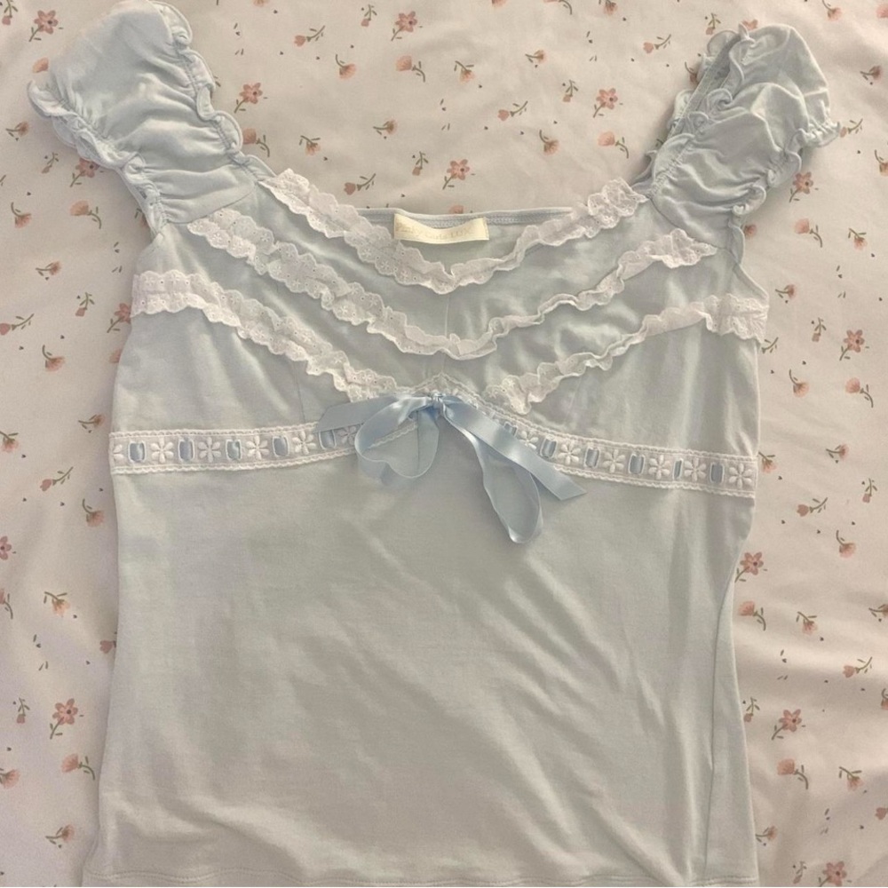Light Blue Ruffled Top with Lace Details